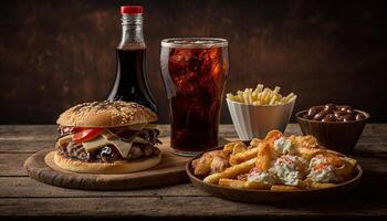 fast food and unhealthy eating concept - close up of fast food snacks and cola drink on wooden table. photo