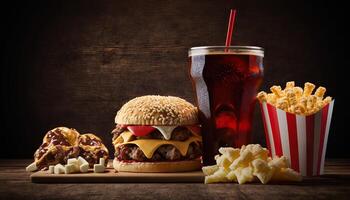 fast food and unhealthy eating concept - close up of fast food snacks and cola drink on wooden table. photo