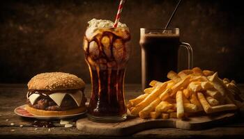 fast food and unhealthy eating concept - close up of fast food snacks and cola drink on wooden table. photo