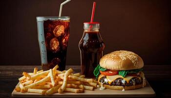 fast food and unhealthy eating concept - close up of fast food snacks and cola drink on wooden table. photo