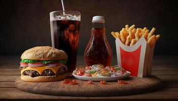 fast food and unhealthy eating concept - close up of fast food snacks and cola drink on wooden table. photo