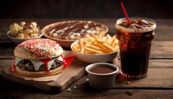 rápido comida y insalubre comiendo concepto - cerca arriba de rápido comida meriendas y reajuste salarial bebida en de madera mesa. generativo ai foto