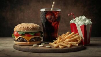 fast food and unhealthy eating concept - close up of fast food snacks and cola drink on wooden table. photo