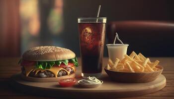 fast food and unhealthy eating concept - close up of fast food snacks and cola drink on wooden table. photo