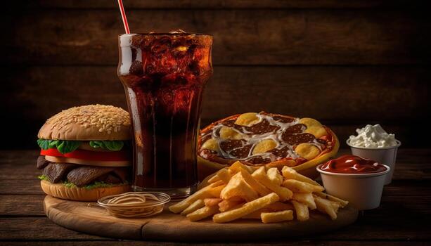 fast food and unhealthy eating concept - close up of fast food snacks and cola drink on wooden table. photo