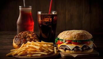 fast food and unhealthy eating concept - close up of fast food snacks and cola drink on wooden table. photo