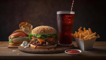 fast food and unhealthy eating concept - close up of fast food snacks and cola drink on wooden table. photo