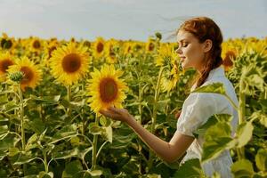beautiful woman summer day sunflower fields landscape nature agriculture photo