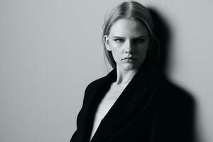 de cerca retrato de pensativo grave rubia modelo en negro chaqueta posando propensión en el estudio pared. elegante minimalista disparar foto
