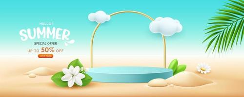 Summer display podium blue color sale, flowers and coconut leaves pile of sand banner design, on cloud and sand beach background, EPS 10 vector illustration