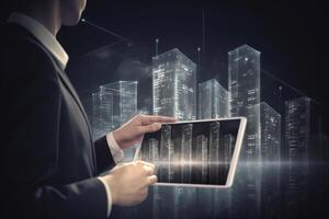 Digital tablet and a hologram of modern buildings, Illustration photo