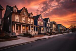 Homes in residential district with dramatic colourful sunset skies. Illustration AI Generative photo