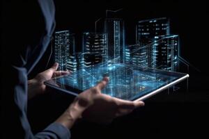Digital tablet and a hologram of modern buildings, Illustration photo