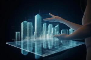 Digital tablet and a hologram of modern buildings, Illustration photo