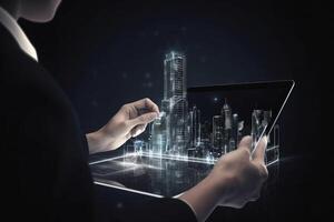 Digital tablet and a hologram of modern buildings, Illustration photo