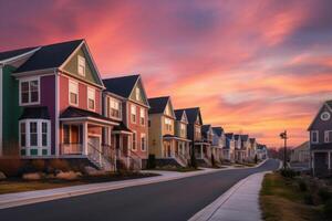 Homes in residential district with dramatic colourful sunset skies. Illustration photo