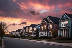 Homes in residential district with dramatic colourful sunset skies. Illustration photo