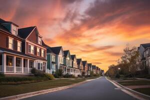 casas en residencial distrito con dramático vistoso puesta de sol cielo. ilustración ai generativo foto