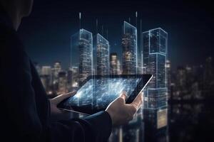 Digital tablet and a hologram of modern buildings, Illustration photo