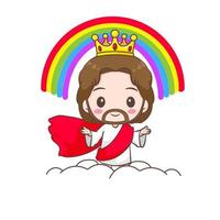 Cute Jesus Christ cartoon character second coming on clouds with rainbow and golden crown. Christian religion concept design. Hand drawn Isolated white background. Vector art illustration