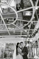 bride and groom inside a cocktail bar photo