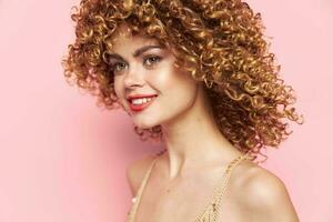 Pretty woman Curly hair, bare shoulders fashion clothes photo