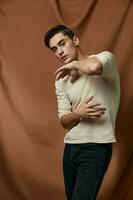 handsome man fashion attractive look studio cloth background lifestyle model photo