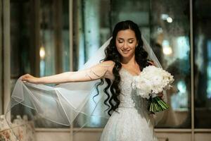 portrait of a bride in a white dress in a bright cafe photo