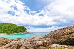 View of beach, sea and forest on cloudy day in Trindad photo