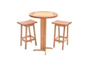 Outdoor wooden dining table with two stools photo