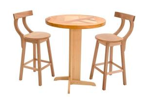 Outdoor wooden dining table with two stools photo