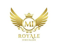 Golden Letter MI template logo Luxury gold letter with crown. Monogram alphabet . Beautiful royal initials letter. vector