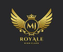 Golden Letter MJ template logo Luxury gold letter with crown. Monogram alphabet . Beautiful royal initials letter. vector