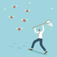 Love and passion for work, find a dream job, look for inspiration and motivation to achieve goals, collect likes on social networks from subscribers and followers, man catches like hearts with a net. vector