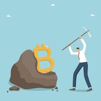 The future of bitcoin, hard work on the path to financial independence, ways to achieve wealth, growth and popularity of the cryptocurrency market, a man with a pickaxe extracts bitcoin from a rock. vector