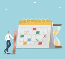 Calendar schedule, work planning and organization, time management, business schedule of meetings and events, efficiency in completing tasks and business goals, a man with a pencil near the calendar. vector
