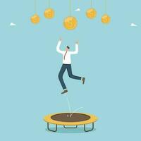 In pursuit of money, earnings and profit, income from successful investments and stocks, stock market growth, business financial success and growing wealth, man on a trampoline jumps for dollar coins. vector