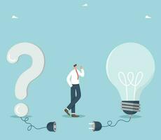 Brainstorming or creative thinking, strategic planning to business prosperity, searching for an idea to get out of a difficult situation, man thinks between a question mark and a turned off light bulb vector