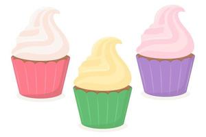 A set of sweet colorful delicious cupcakes with cream. Vector illustration of baking in a flat style.