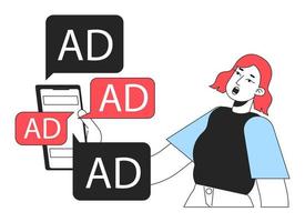 Digital ads overload line concept vector spot illustration. Editable 2D flat colour cartoon character on white for web design. Infoxication on internet idea for website, mobile