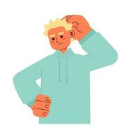 Guy rubbing head in confusion semi flat color vector character. Scratching. Editable figure. Half body person on white. Simple cartoon style spot illustration for web graphic design and animation