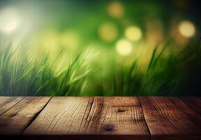 Wood table top close up, beautiful texture of green meadow grass, abstract blur natural bokeh - image photo