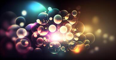 Dark panoramic background, bright yellow bokeh, glowing circles - image photo