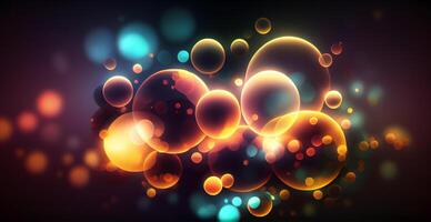 Dark panoramic background, bright yellow bokeh, glowing circles - image photo