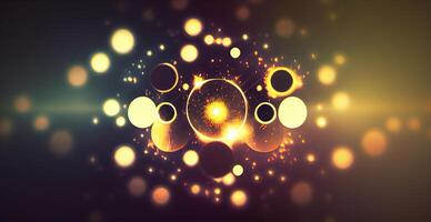 Dark panoramic background, bright yellow bokeh, glowing circles - image photo