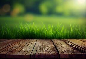 Wood table top close up, beautiful texture of green meadow grass, abstract blur natural bokeh - image photo