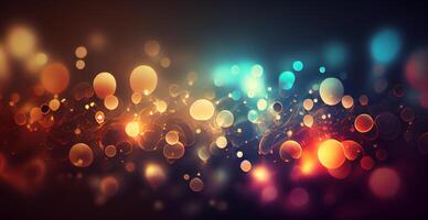 Dark panoramic background, bright yellow bokeh, glowing circles - image photo