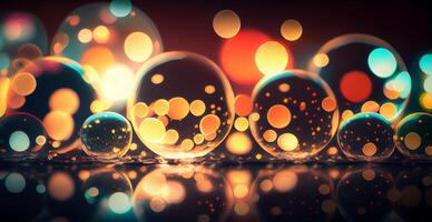 Dark panoramic background, bright yellow bokeh, glowing circles - image photo