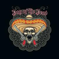 Holy Death, mexican sugar skull in sombrero, grunge vintage design t shirts vector