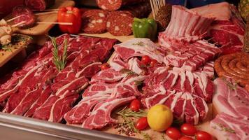breit Angebot von verarbeitet und roh Fleisch Waren auf das Tisch. video